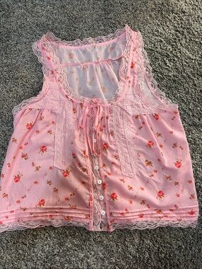 Pink Floral Lace-Trim Tank Top